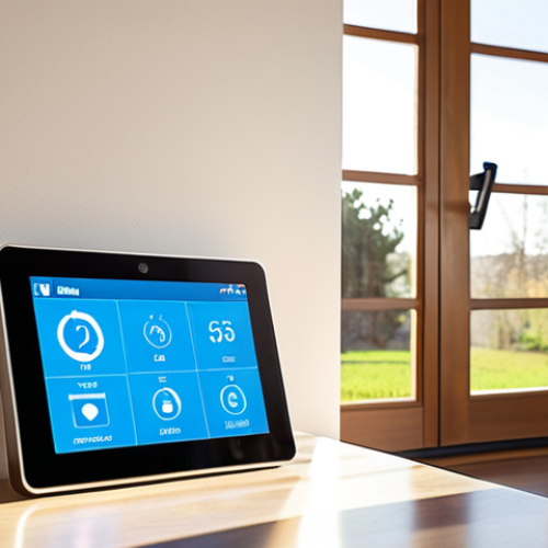 Home 15 A vibrant, modern smart home interior, showcasing a smart thermostat and an energy management app on a tablet. Sunlight streams through the window, highlighting the integration of technology and energy efficiency. The scene emphasizes consumer empowerment and control over energy consumption.