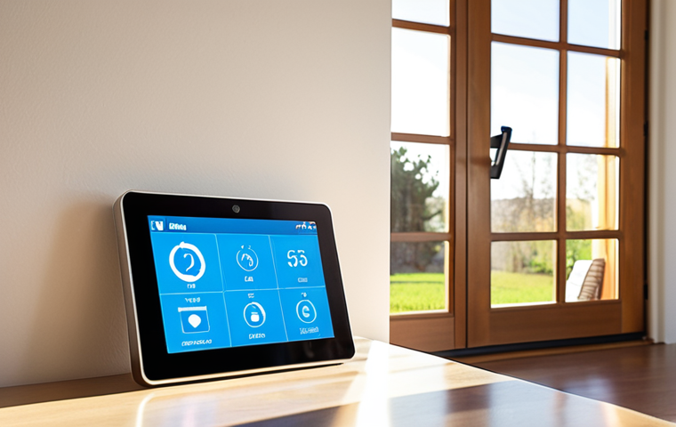 A vibrant, modern smart home interior, showcasing a smart thermostat and an energy management app on a tablet. Sunlight streams through the window, highlighting the integration of technology and energy efficiency. The scene emphasizes consumer empowerment and control over energy consumption.