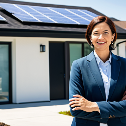 Home 7 A professional, diverse adult in modest business casual attire, standing confidently in a sunny suburban neighborhood. In the background, a modern home features visible rooftop solar panels and a sleek home battery storage system, symbolizing energy independence and empowerment. The scene emphasizes a clean, green environment with other homes hinting at local energy solutions. Professional photography, high resolution, soft natural light, perfect anatomy, correct proportions, natural pose, well-formed hands, proper finger count, natural body proportions, fully clothed, modest clothing, appropriate attire, professional dress, safe for work, appropriate content, family-friendly.