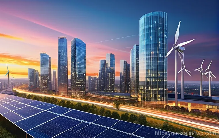 스마트 그리드 기술의 정책 제언 - **Prompt:** A vibrant, futuristic city skyline at sunset, demonstrating the seamless integration of ...