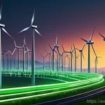 스마트 그리드 기술의 환경적 장점 - **Prompt: "A vibrant, futuristic city skyline at sunset, showcasing a seamlessly integrated smart gr...