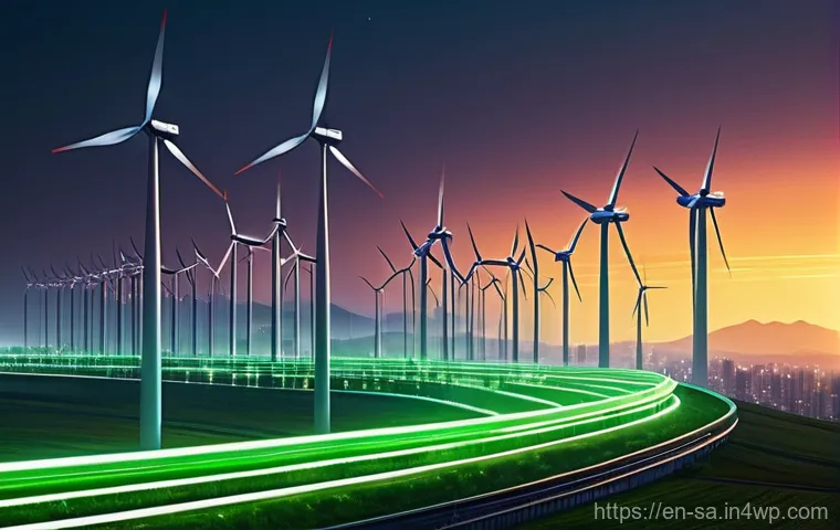 스마트 그리드 기술의 환경적 장점 - **Prompt: "A vibrant, futuristic city skyline at sunset, showcasing a seamlessly integrated smart gr...