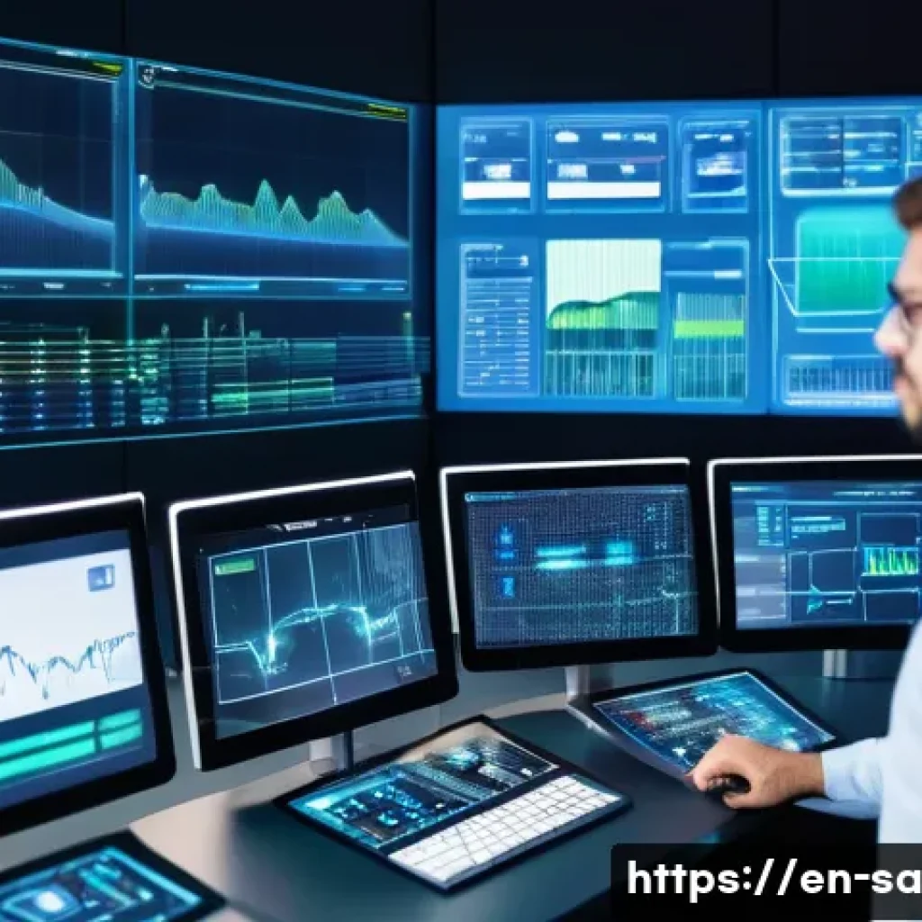 스마트 그리드 기술과 원자력 에너지의 관계 - A futuristic smart grid control room showcasing a large digital dashboard displaying real-time energ...