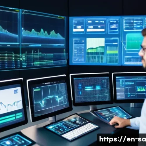 스마트 그리드 기술과 원자력 에너지의 관계 - A futuristic smart grid control room showcasing a large digital dashboard displaying real-time energ...