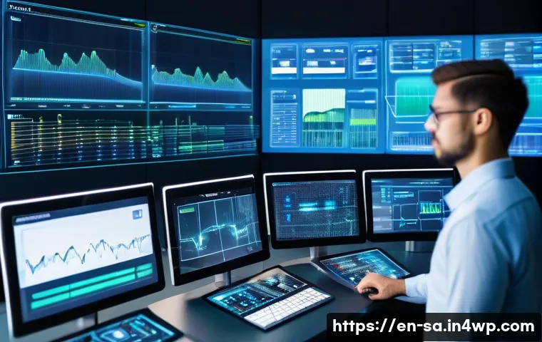 스마트 그리드 기술과 원자력 에너지의 관계 - A futuristic smart grid control room showcasing a large digital dashboard displaying real-time energ...