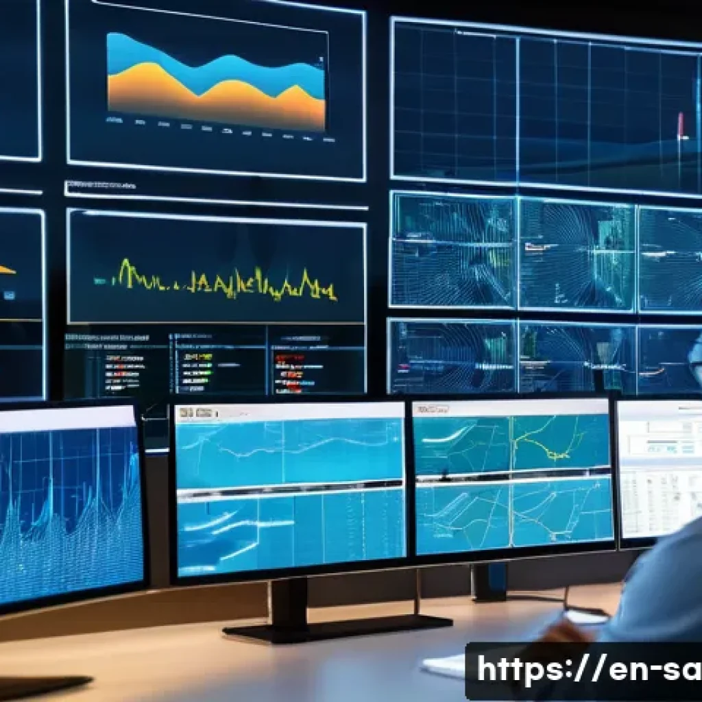 스마트 그리드 기술의 지속 가능성 평가 - A futuristic smart grid control center with large digital screens displaying real-time electricity c...