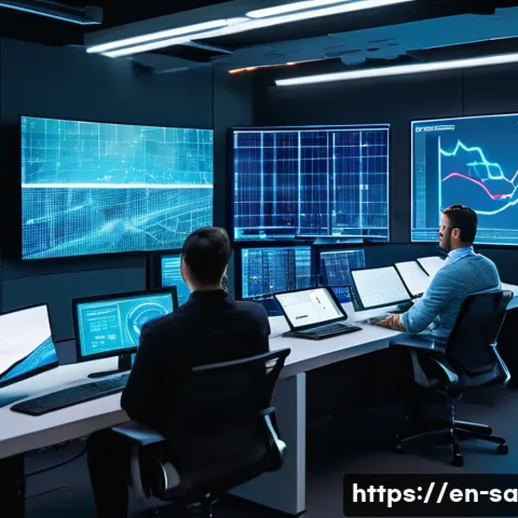 스마트 그리드와 최신 통신 기술의 융합 - A futuristic smart energy grid control room with large digital screens displaying real-time data on ...