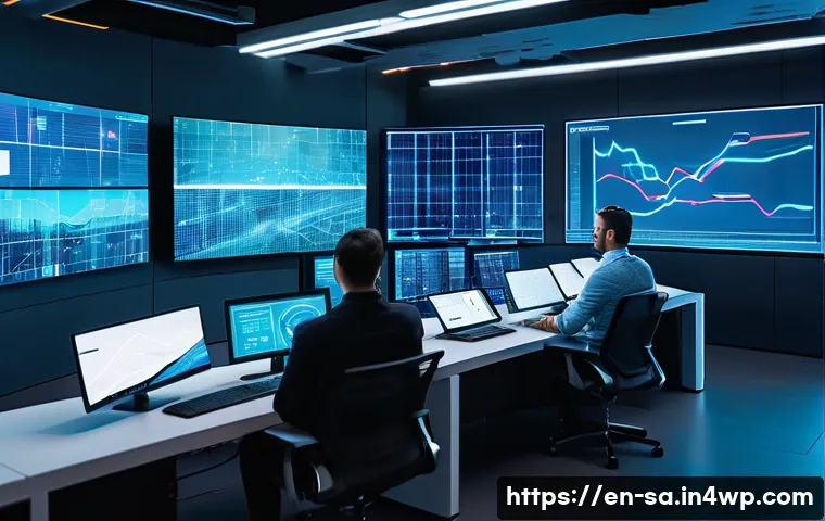 스마트 그리드와 최신 통신 기술의 융합 - A futuristic smart energy grid control room with large digital screens displaying real-time data on ...