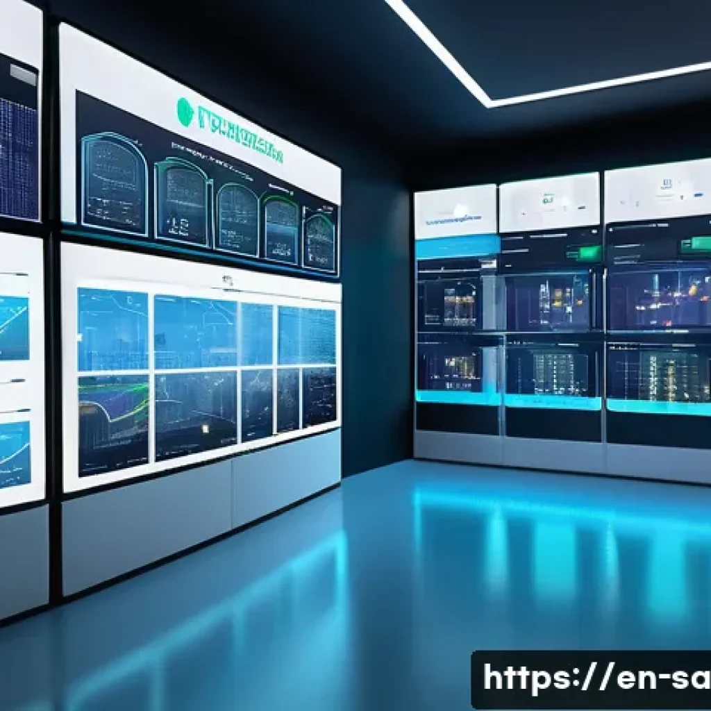 스마트 그리드와 전력망의 디지털화 - A highly detailed futuristic smart city energy control center, featuring large transparent screens d...