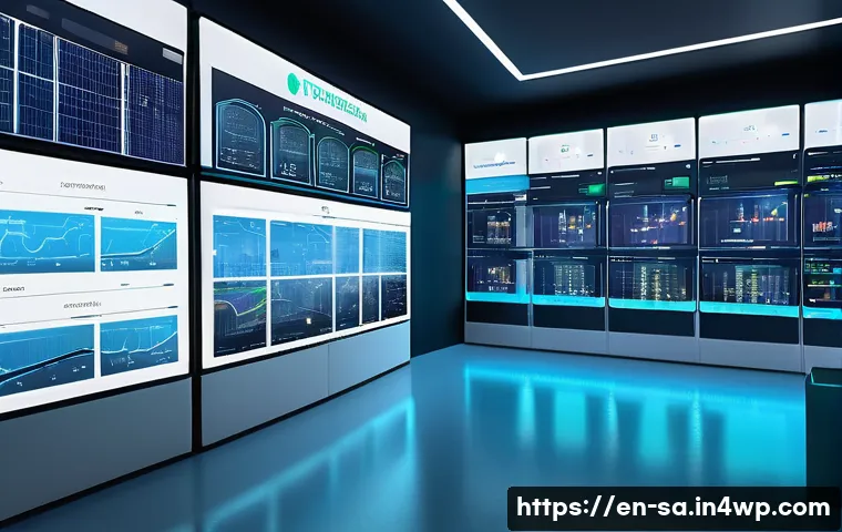 스마트 그리드와 전력망의 디지털화 - A highly detailed futuristic smart city energy control center, featuring large transparent screens d...