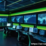Home 20 스마트 그리드 기술의 데이터 보호 방안 - A highly detailed futuristic smart grid control room with multiple large digital screens displaying ...