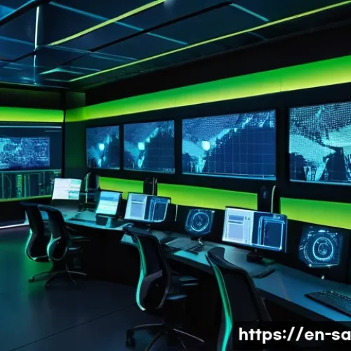 Home 32 스마트 그리드 기술의 데이터 보호 방안 - A highly detailed futuristic smart grid control room with multiple large digital screens displaying ...