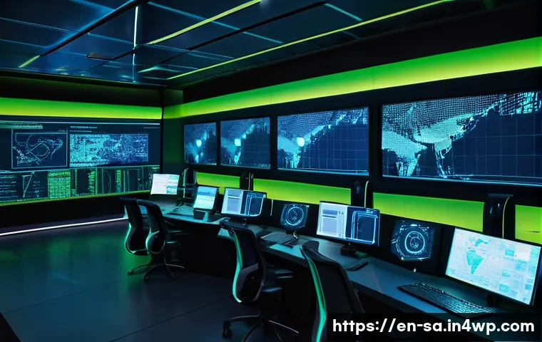 스마트 그리드 기술의 데이터 보호 방안 - A highly detailed futuristic smart grid control room with multiple large digital screens displaying ...