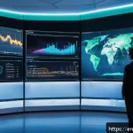 Home 18 스마트 그리드의 연계 기술 개발 현황 - A futuristic smart electrical grid control center, featuring large transparent digital screens displ...