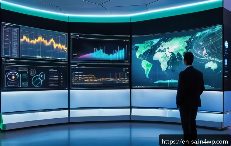 스마트 그리드의 연계 기술 개발 현황 - A futuristic smart electrical grid control center, featuring large transparent digital screens displ...