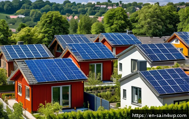 스마트 그리드와 협동조합의 역할 - A vibrant suburban neighborhood showcasing a community solar garden with rooftop solar panels on mod...