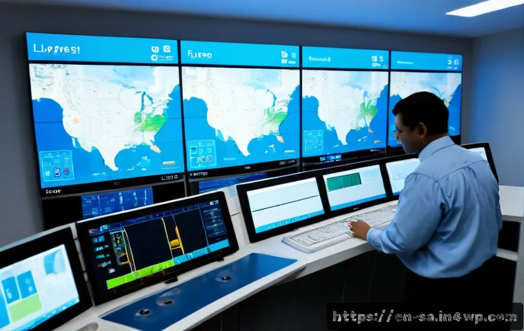 Home 17 스마트 그리드 시스템의 효율적인 운영 방안 - Photorealistic modern electric utility control room, diverse grid operators monitoring a clean wall ...