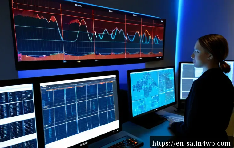 Home 17 스마트 그리드 기술의 주요 도전 과제 - Photorealistic utility control room showing two grid engineers studying a large wall of abstract non...