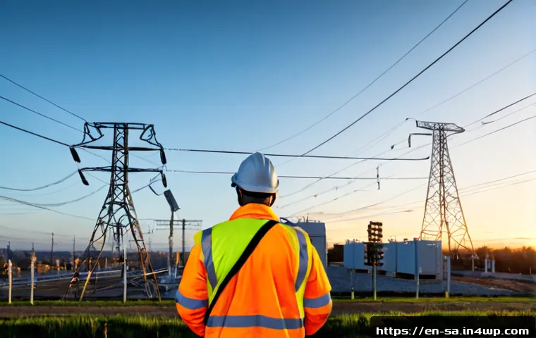 스마트 그리드와 전력망의 연결성 문제 - Photorealistic suburban electrical substation at sunrise, modern smart grid equipment connected to o...